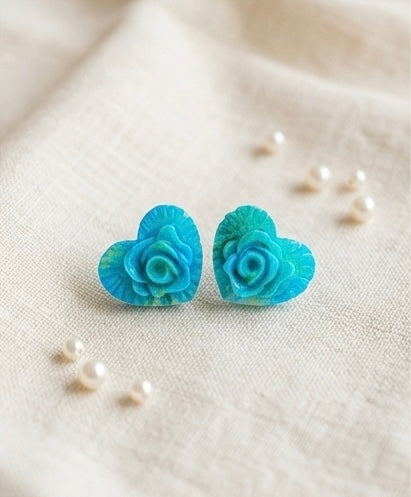 Elegant Blue Rose Heart Stud Earrings