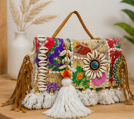 Premium Boho Handcrafted Embroidered Handbag for Women | Stylish Ethnic Tassel Sling Bag | Trendy Designer Shoulder Bag