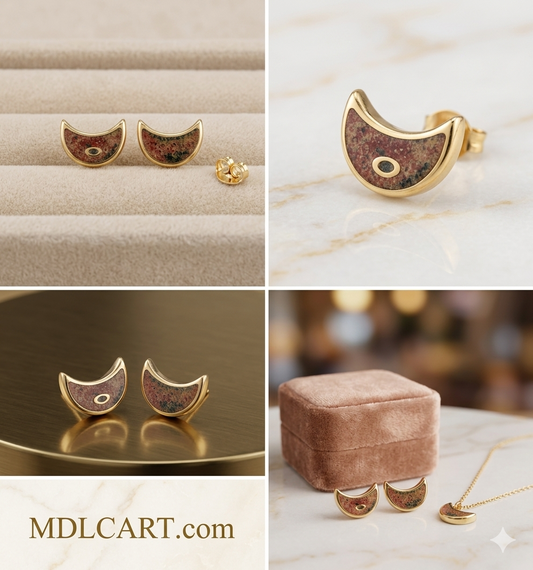 Trendy Half Moon Stone Gold Stud Earrings