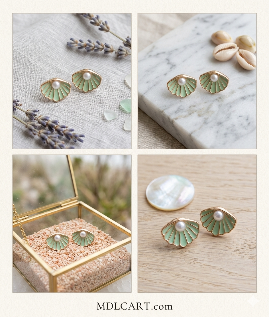 Elegant Sea Shell Pearl Stud Earrings