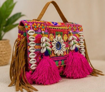 Premium Boho Handcrafted Embroidered Handbag for Women | Stylish Ethnic Tassel Sling Bag | Trendy Designer Shoulder Bag