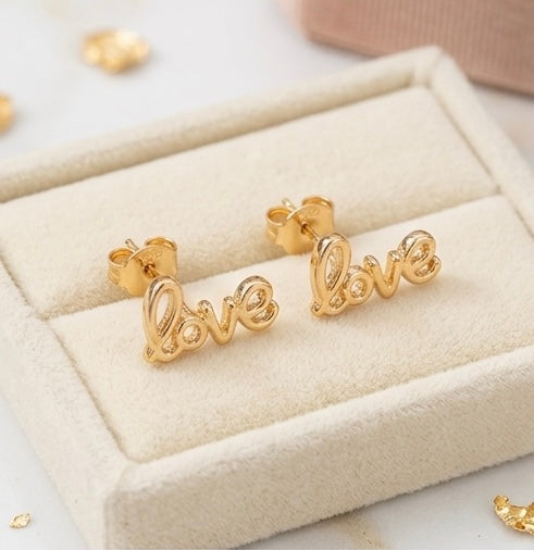 Stylish Love Script Gold Stud Earrings