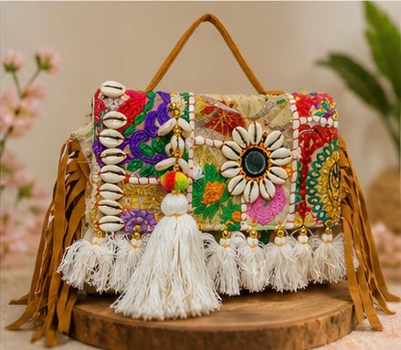 Premium Boho Handcrafted Embroidered Handbag for Women | Stylish Ethnic Tassel Sling Bag | Trendy Designer Shoulder Bag