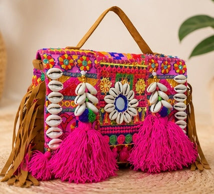 Premium Boho Handcrafted Embroidered Handbag for Women | Stylish Ethnic Tassel Sling Bag | Trendy Designer Shoulder Bag