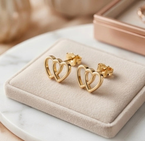 Elegant Double Heart Gold Stud Earrings