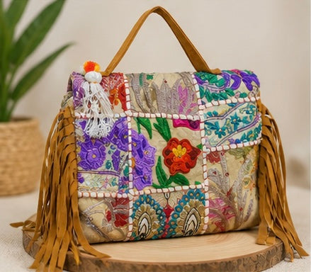Premium Boho Handcrafted Embroidered Handbag for Women | Stylish Ethnic Tassel Sling Bag | Trendy Designer Shoulder Bag