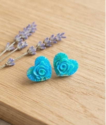 Elegant Blue Rose Heart Stud Earrings