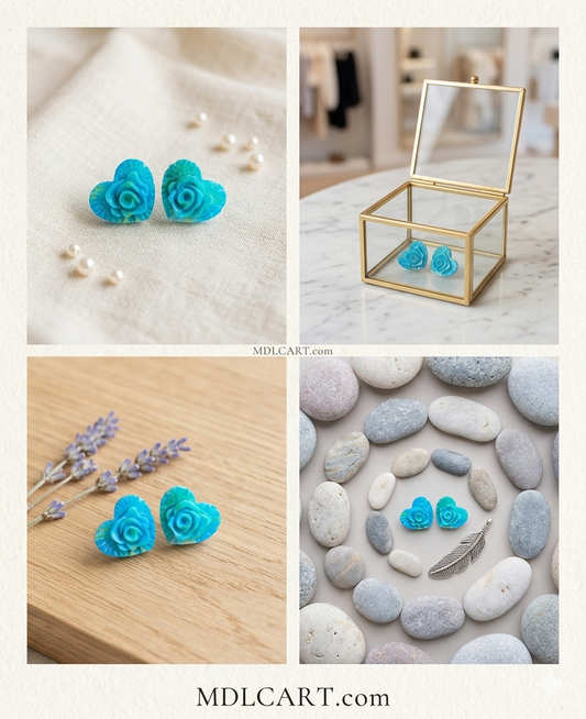 Elegant Blue Rose Heart Stud Earrings