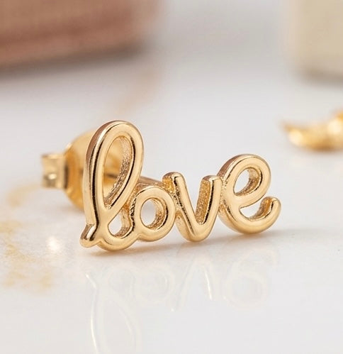 Stylish Love Script Gold Stud Earrings