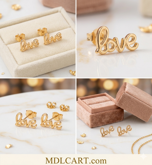 Stylish Love Script Gold Stud Earrings