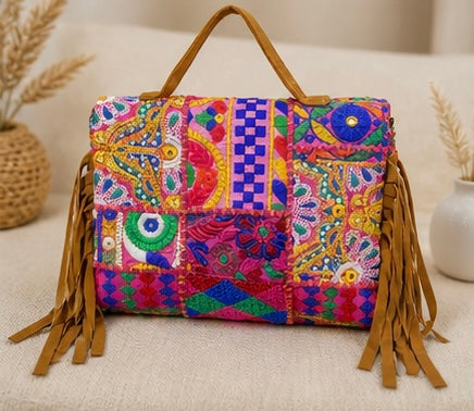 Premium Boho Handcrafted Embroidered Handbag for Women | Stylish Ethnic Tassel Sling Bag | Trendy Designer Shoulder Bag