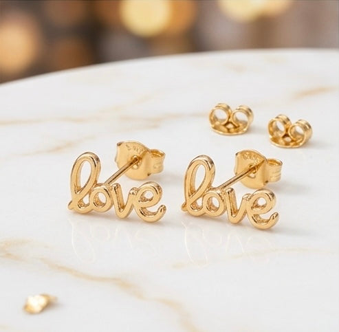 Stylish Love Script Gold Stud Earrings